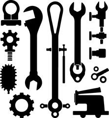 Obraz premium Black Tool Icons Set – Industrial Equipment and Maintenance Symbols