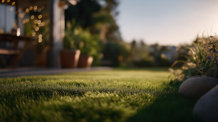 A well kept backyard showcases regular lawn gardening routines, including mowing, watering, fertilizing, and plant care to maintain vibrant green spaces. cinematic color correction, natural uneven