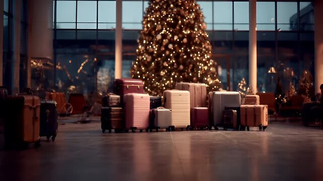 A collection of suitcases in a room with a Christmas tree in the background. The suitcases are of various sizes and colors, including beige, pink, and brown, and are arranged in a neat row.
