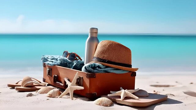 A closeup of a suitcase on a sandy beach with seashells and starfish scattered around. The suitcase is brown with a metal handle and is adorned with various items, including a straw hat, sunglasses.