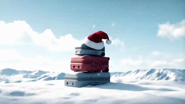 A Christmasthemed digital artwork featuring a stack of suitcases with Santa hats on top, set against a backdrop of a clear blue sky with fluffy white clouds and a snowy landscape.