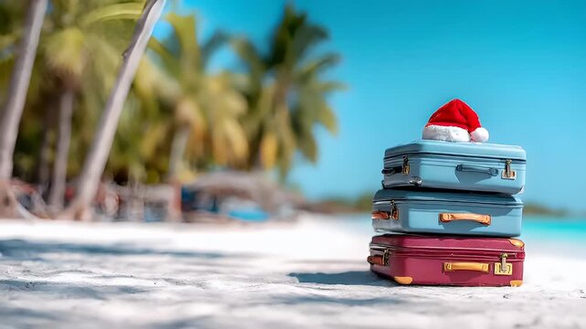 A closeup shot of a tropical beach scene with palm trees and a clear blue sky. The main subject is a stack of suitcases with Santa hats on top, suggesting a holiday theme.