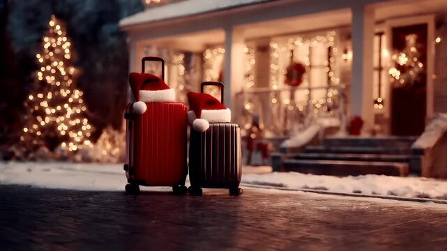 A festive scene featuring two suitcases adorned with Santa hats, set against a backdrop of a house with Christmas lights. The suitcases are red with white wheels.