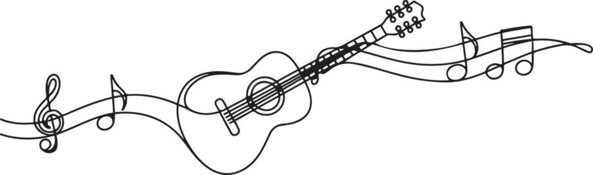 Acoustic guitar continuous one line drawing. Music symbol. Vector illustration. one line Art icon drawing vector