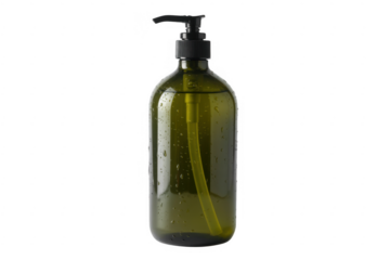 Green bottle with black pump dispenser soap isolated on a transparent background