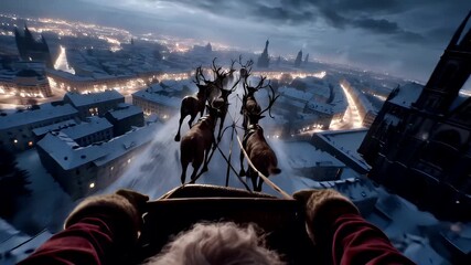 A cinematic portrayal of a snowy cityscape with a large, imposing castle in the background. The castles spires stand tall against a twilight sky, with the city lights twinkling in the distance.