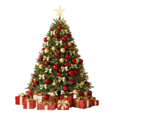 an elegant, fully decorated christmas fir tree with red and gold baubles, glowing star, and wrapped gift boxes, isolated on a transparent background with copy space. Sophisticated holiday concept