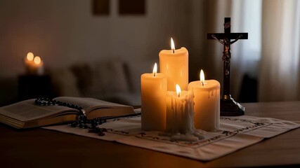 Lit candles illuminating a wooden crucifix, open bible, and rosary beads on a white embroidered cloth in a dimly lit room