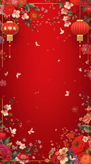 A vibrant red background adorned with floral decorations and traditional lanterns