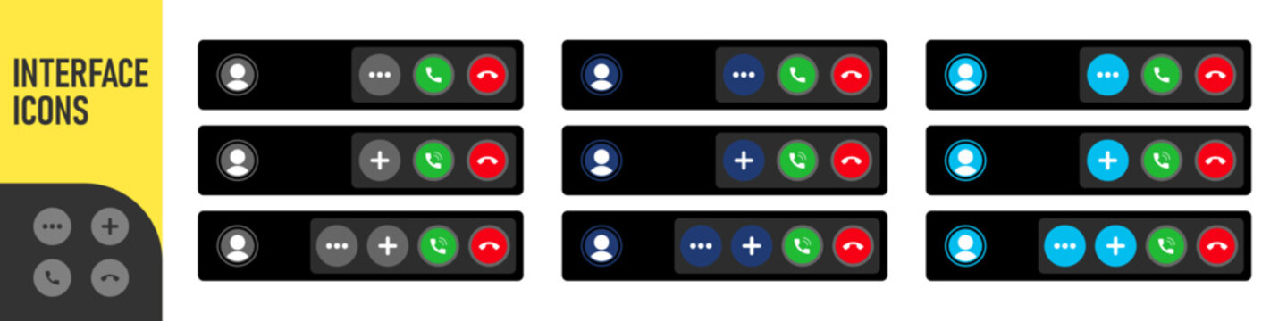 Incoming call interface UI screen with accept, answer and decline buttons for mobile phone calls in modern dark theme layout for mobile and app design