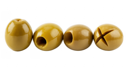 Four green olives with holes and an X cut food ingredients isolated on a transparent background