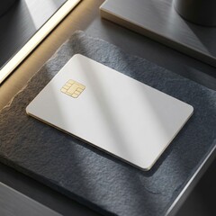 Blank Credit Card with Chip on Dark Surface Financial Technology Concept.