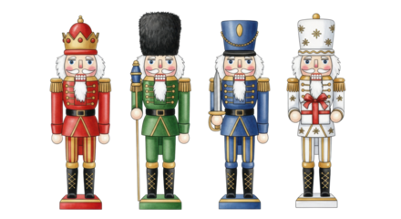 Four watercolor illustration nutcrackers: king, staff bearer, swordsman, and gift holder, standing in rigid formation against a transparent background. Whimsical christmas fairytale atmosphere