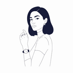 Posing woman blue cardigan white pants