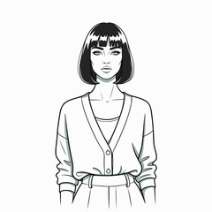 Portrait woman black bob white cardigan