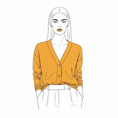 Woman orange cardigan white top pants