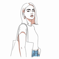 Posing woman white tee blue jeans bag