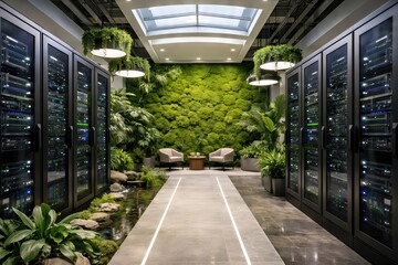 Innovative blend of technology and nature in a modern data center featuring vertical greenery, sleek server racks, and a calming indoor water feature enhancing digital aesthetics