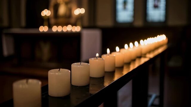 Candles on a dark holder being lit in a religious setting for Palm Sunday observance in a church.