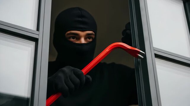 Male burglar using a crowbar to break into a house through a window for a home invasion crime, looping video.