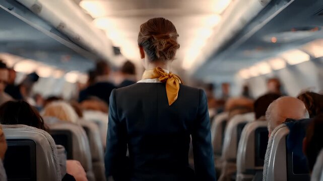 Airlines cabin crew member in flight attendants uniform on airplane.