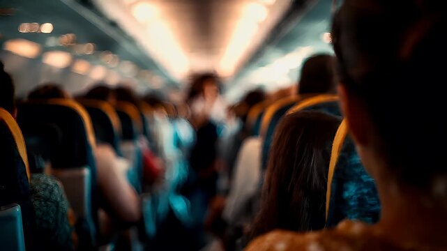 A woman with a bun hairstyle sits in an airplane, her back to the camera. The interior of the plane is filled with rows of seats.