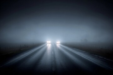 Fog covers a dark road as vehicles approach at night