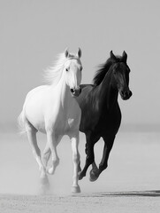 Obraz premium Two Horses Running Together, Black and White Contrast