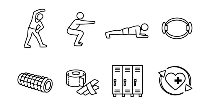 Fitness and gym line icons set