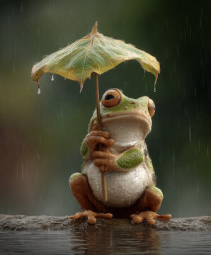 frog under the rain holding a leaf as an an umbrella
