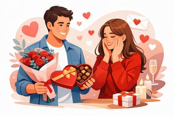 Romantic gesture of love with a bouquet of red roses chocolates and heartfelt emotions displayed in a cozy intimate setting created to evoke joy and tender connection