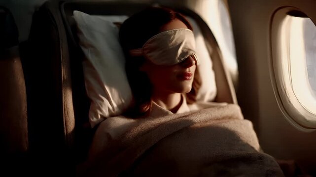 woman sleeping in airplane with blindfolded eye mask and blanket.