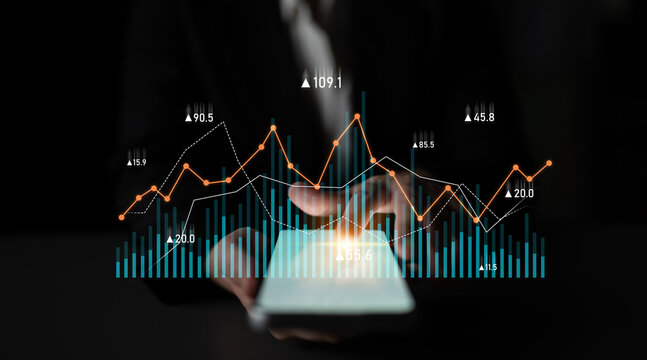 A professional business person uses a smartphone to analyze financial data. Dynamic charts and graphs illustrate key metrics for market trends and analysis. Scalp - Powered by Adobe
