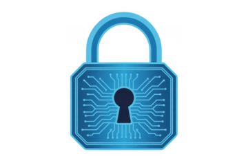 Blue Lock with Circuit Board padlock security technology isolated on a transparent background