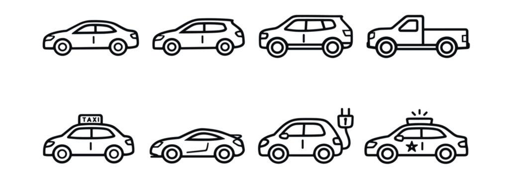 Vehicle types minimalist line art icons set