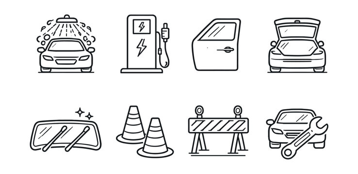 Car and automotive line icons set