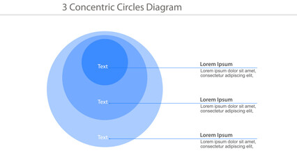 Three concentric blue circles diagram with text placeholders and sample descriptions for business presentation or infographic design.
