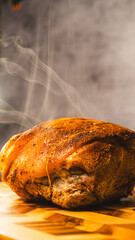 Whole roasted pork joint coated in golden spice rub, melting inside and smoking on a beautiful wooden board. Juicy, aromatic, ready to carve. Perfect for festive presentations.