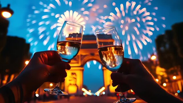 Blunt, detailed, closeup shot of a persons hand holding a glass of white wine against a backdrop of fireworks and city lights at dusk.