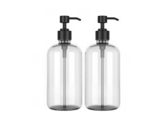 Two empty clear soap dispensers bottles pump isolated on a transparent background