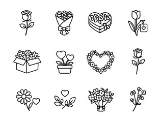 Floral-themed black line icons set