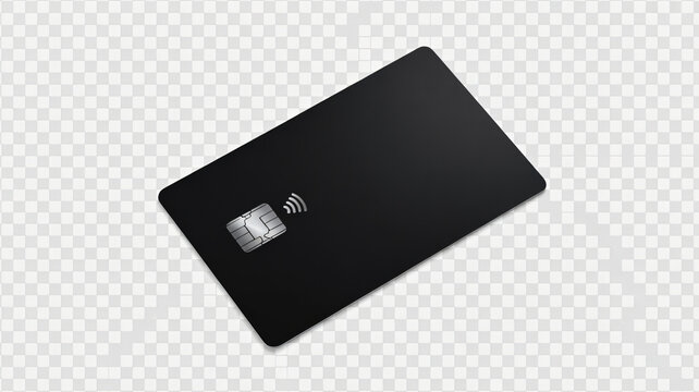 Black credit card with silver chip and logo in modern minimalist design on transparent background for banking and finance