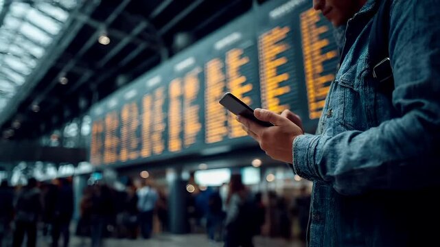 A man in a denim jacket is using a smartphone at an airport terminal. The terminals architecture is modern, with a large digital screen displaying flight information.