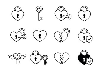 Hearts, Locks, and Keys Line Art Icons Set