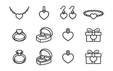 Heart and jewelry line icons set
