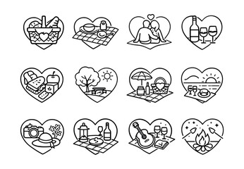 Heart-shaped picnic and outdoor activities line icons set