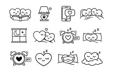 Love and sleep themed line drawings set