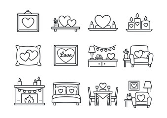 Romantic home decor line art illustrations with heart themes