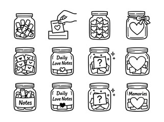 Note jars and containers line illustrations set