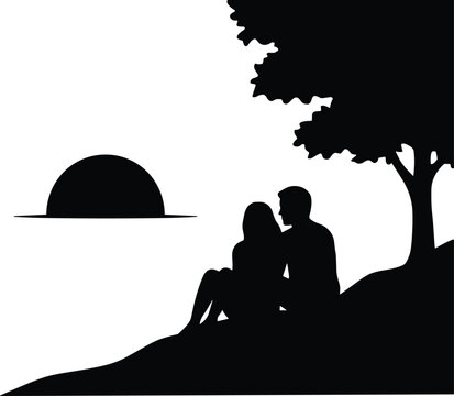 Romantic couple sitting together under tree watching sunset, peaceful love scene for wall decor, cards, posters, relationship artwork